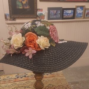 Black Floppy Sun Hat with Floral Details